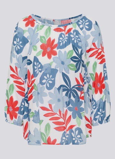 Rabe Azure Floral Leaf Print Top – Elasticated Round Neck, 3/4 Sleeve