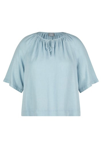 Rabe Light Blue V-Neck Top – Short Sleeve, Open Neck with Tie Detail