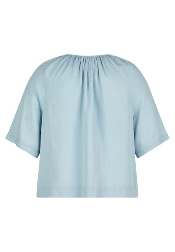 Rabe Light Blue V-Neck Top – Short Sleeve, Open Neck with Tie Detail