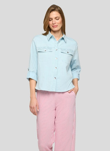 Rabe Blue Button-Up Shirt – 3/4 Sleeve, Rhinestone Detail