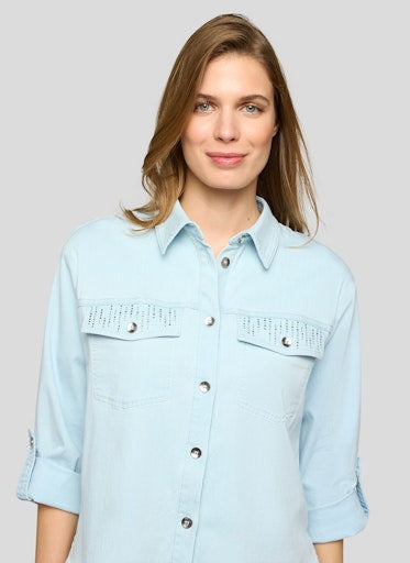 Rabe Blue Button-Up Shirt – 3/4 Sleeve, Rhinestone Detail