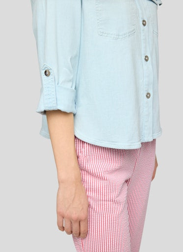 Rabe Blue Button-Up Shirt – 3/4 Sleeve, Rhinestone Detail