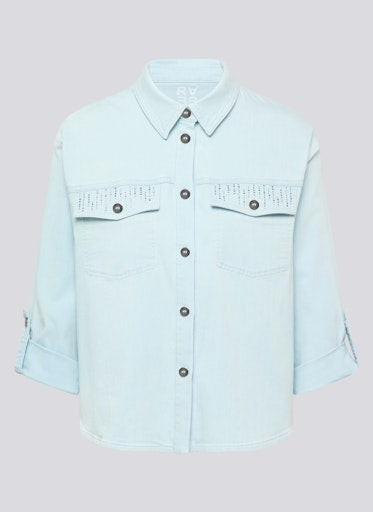 Rabe Blue Button-Up Shirt – 3/4 Sleeve, Rhinestone Detail