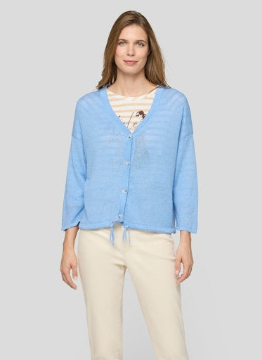 Rabe Blue Linen Cardigan Fine Knit V-Neck Cardigan with Drawstring Hem 56-118521