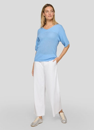 Rabe Ocean Blue V-Neck Cotton Sweater, Short Sleeve Fine Knit with Rhinestone Detail 56-118611