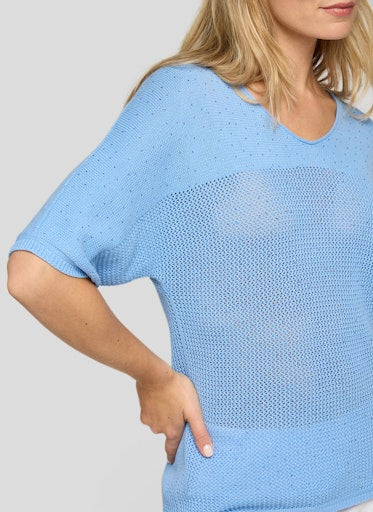 Rabe Ocean Blue V-Neck Cotton Sweater, Short Sleeve Fine Knit with Rhinestone Detail 56-118611