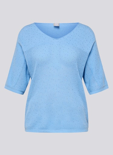 Rabe Ocean Blue V-Neck Cotton Sweater, Short Sleeve Fine Knit with Rhinestone Detail 56-118611