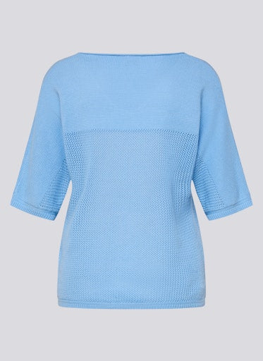 Rabe Ocean Blue V-Neck Cotton Sweater, Short Sleeve Fine Knit with Rhinestone Detail 56-118611