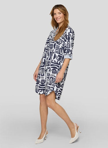Rabe Bold Blue & White Print Cotton Open V-Neck Tunic Dress