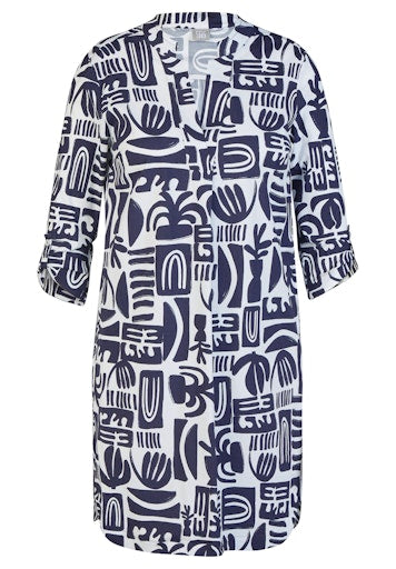Rabe Bold Blue & White Print Cotton Open V-Neck Tunic Dress