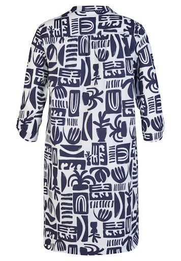 Rabe Bold Blue & White Print Cotton Open V-Neck Tunic Dress