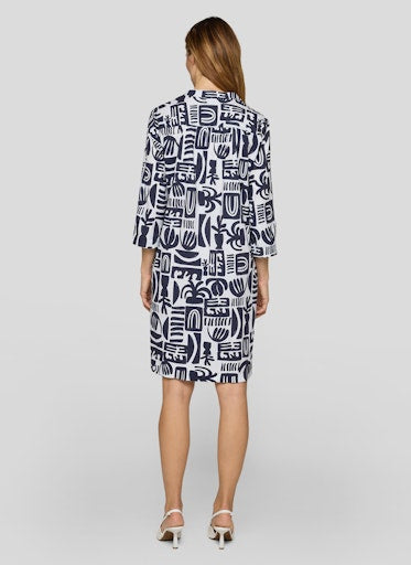 Rabe Bold Blue & White Print Cotton Open V-Neck Tunic Dress