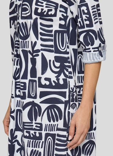 Rabe Bold Blue & White Print Cotton Open V-Neck Tunic Dress