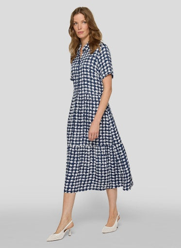 Rabe Blue & White Block Print Midi Shirt Dress with Short Sleeves