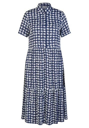 Rabe Blue & White Block Print Midi Shirt Dress with Short Sleeves