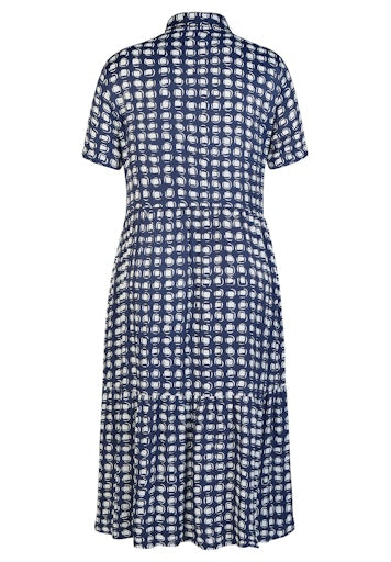 Rabe Blue & White Block Print Midi Shirt Dress with Short Sleeves