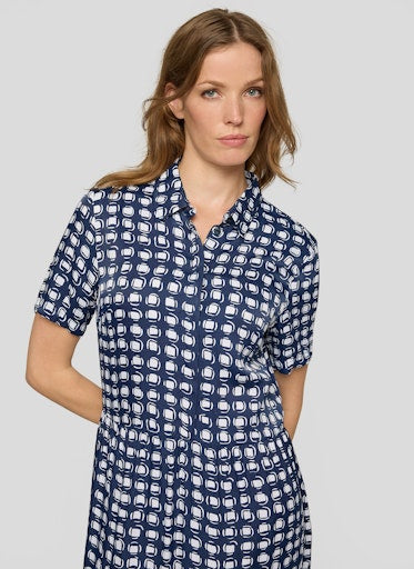 Rabe Blue & White Block Print Midi Shirt Dress with Short Sleeves