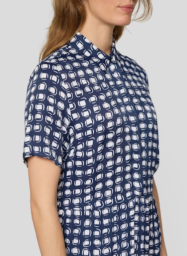 Rabe Blue & White Block Print Midi Shirt Dress with Short Sleeves