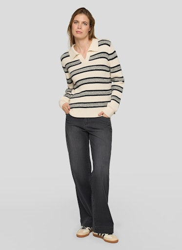Rabe Alabaster Stripe Polo Knit Long Sleeve Sweater 56-115603