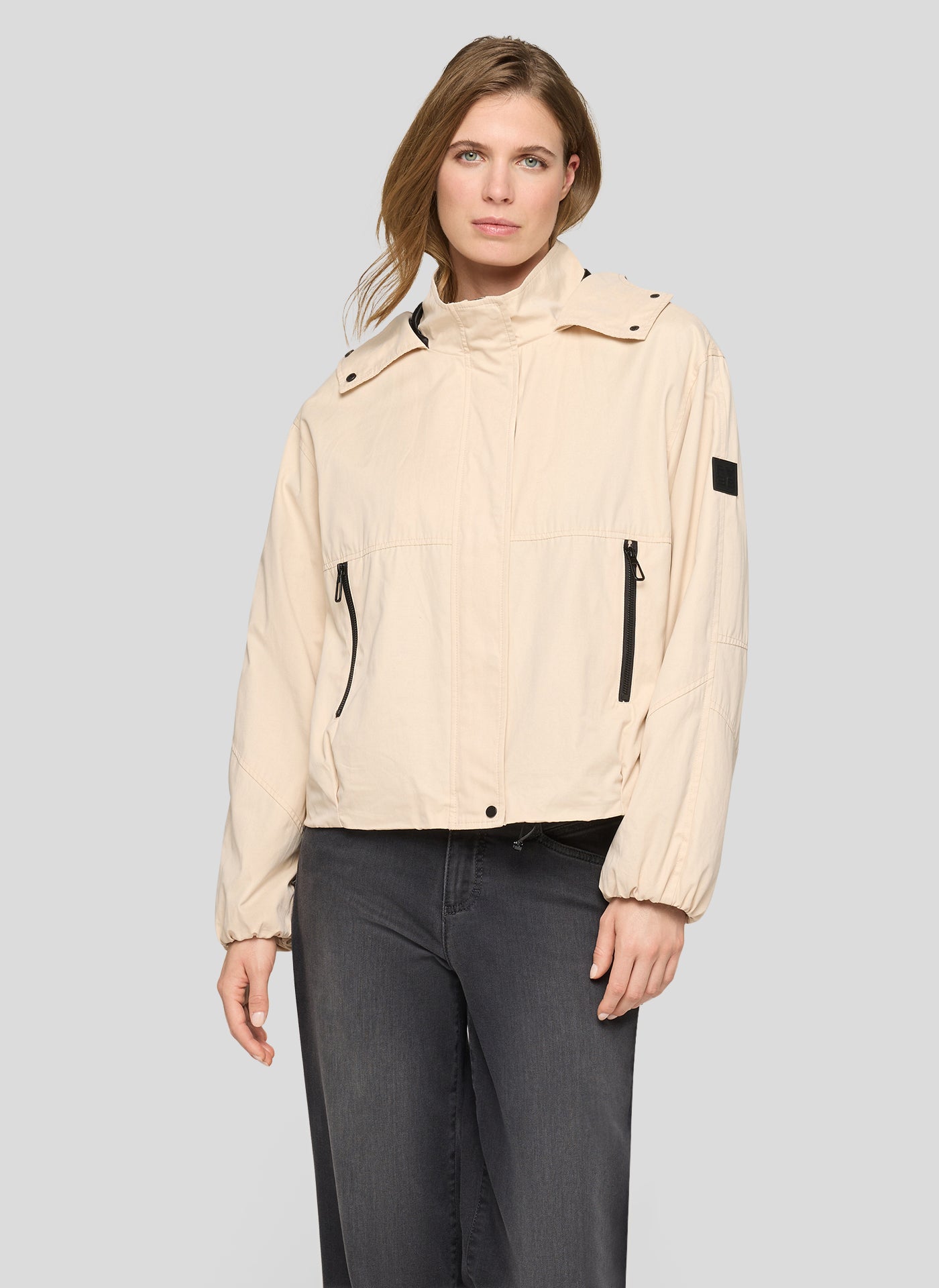 Rabe Cappuccino Hooded Outdoor Jacket – Concealed Button Front with Zipped Pockets 56-115821