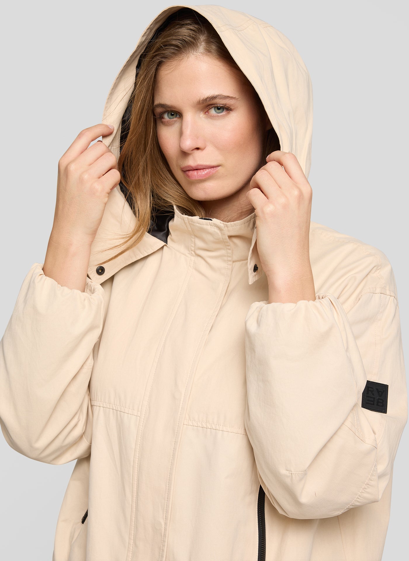 Rabe Cappuccino Hooded Outdoor Jacket – Concealed Button Front with Zipped Pockets 56-115821