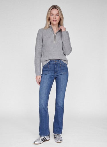 Rabe Silver Grey Ribbed Knit Sweater with High Neck and Rhinestone Quarter Zip