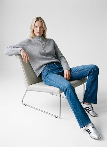 Rabe Silver Grey Ribbed Knit Sweater with High Neck and Rhinestone Quarter Zip