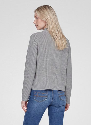 Rabe Silver Grey Ribbed Knit Sweater with High Neck and Rhinestone Quarter Zip