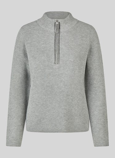 Rabe Silver Grey Ribbed Knit Sweater with High Neck and Rhinestone Quarter Zip