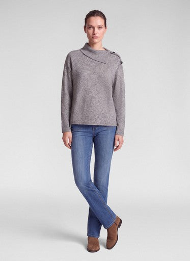 Rabe Slate High Neck Knit Top with Fold-Over Collar & Shoulder Buttons
