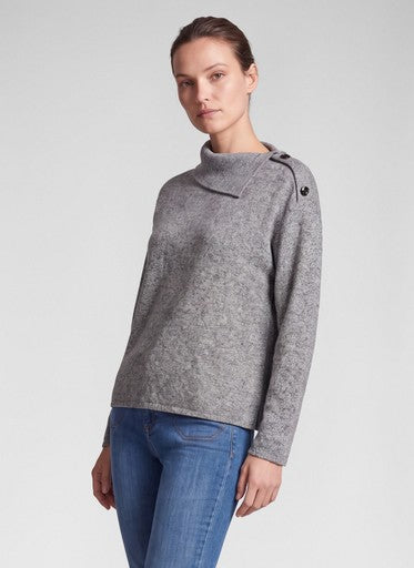 Rabe Slate High Neck Knit Top with Fold-Over Collar & Shoulder Buttons