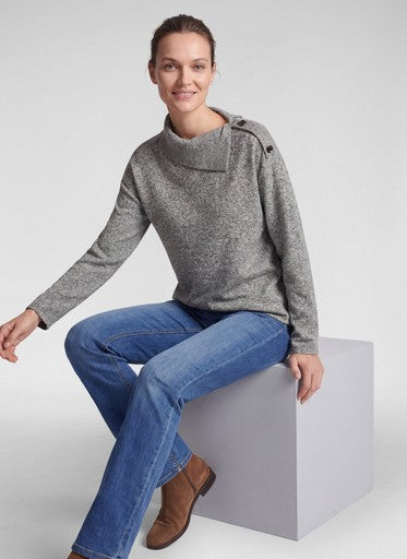 Rabe Slate High Neck Knit Top with Fold-Over Collar & Shoulder Buttons