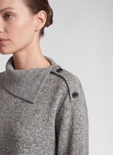 Rabe Slate High Neck Knit Top with Fold-Over Collar & Shoulder Buttons