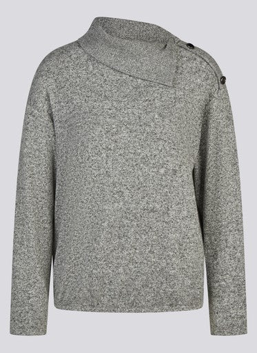 Rabe Slate High Neck Knit Top with Fold-Over Collar & Shoulder Buttons