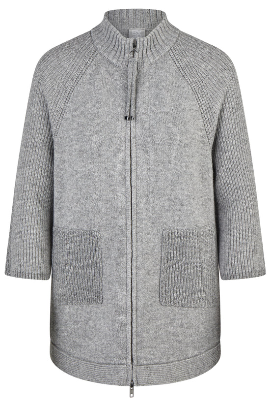 Rabe Grey Wool Blend Relaxed Fit Cardigan – 3/4 Sleeve High Neck