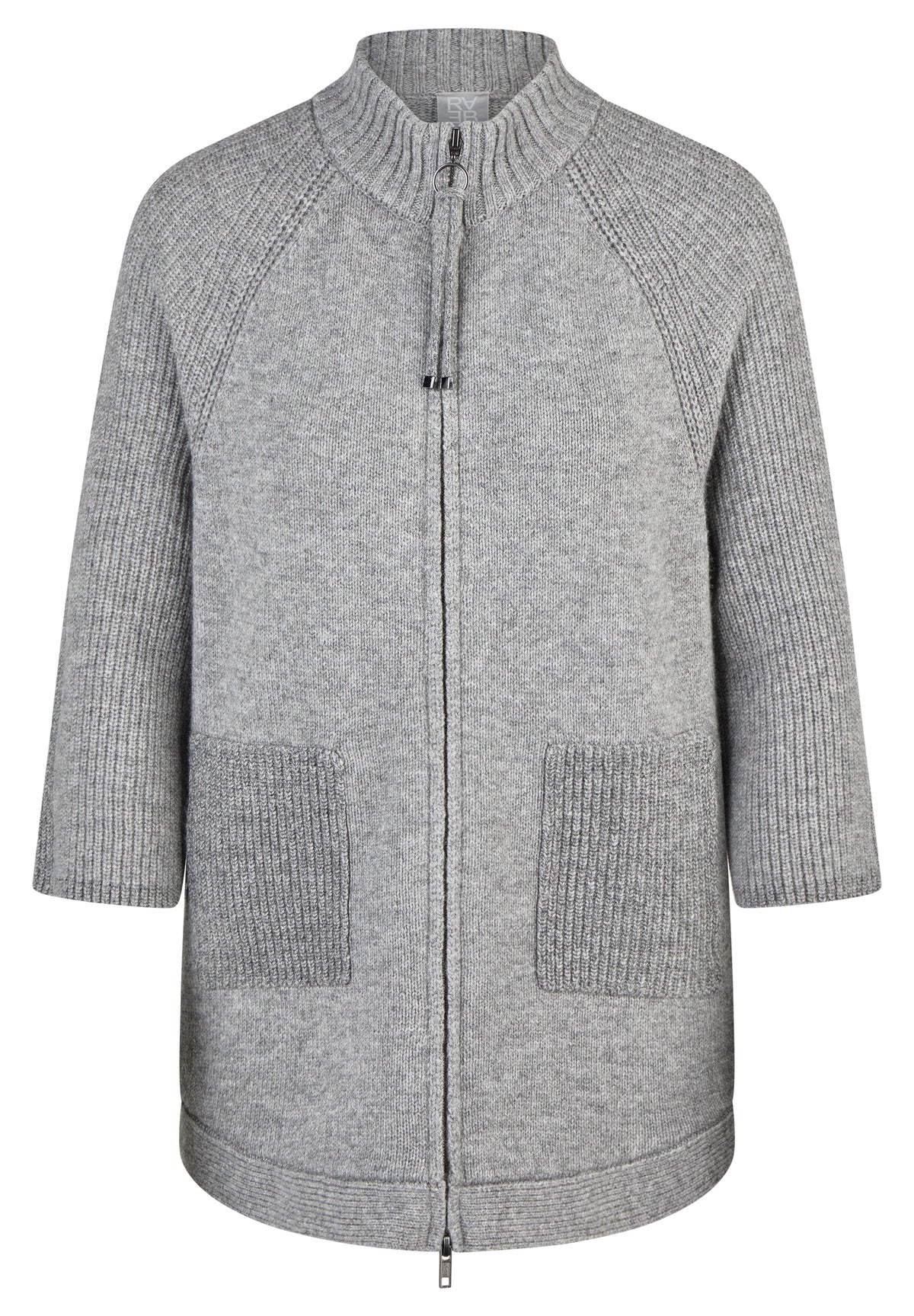 Rabe Grey Wool Blend Relaxed Fit Cardigan – 3/4 Sleeve High Neck