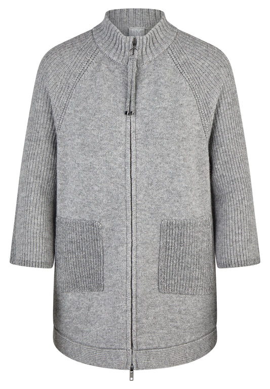 Rabe Grey Wool Blend Relaxed Fit Cardigan – 3/4 Sleeve High Neck