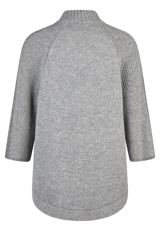 Rabe Grey Wool Blend Relaxed Fit Cardigan – 3/4 Sleeve High Neck