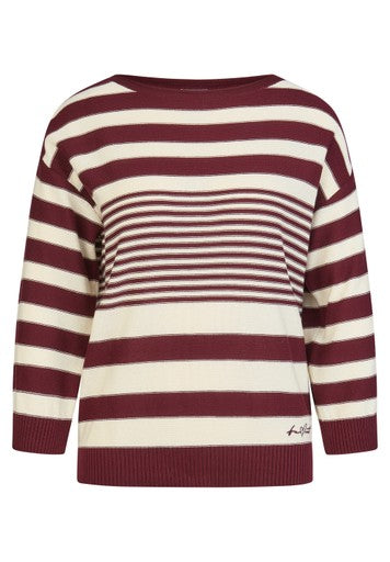 Rabe Merlot & Cream Stripe Cotton Blend Sweater 3/4 Sleeve