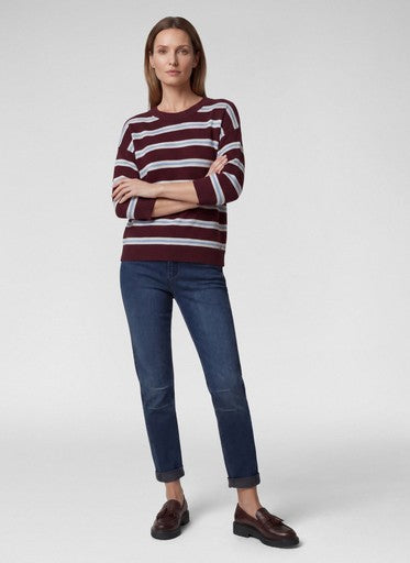 Rabe Merlot White & Light Blue Stripe Cotton Blend 3/4 Sleeve Sweater
