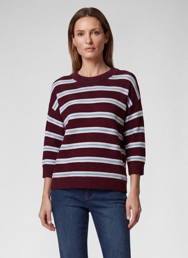 Rabe Merlot White & Light Blue Stripe Cotton Blend 3/4 Sleeve Sweater