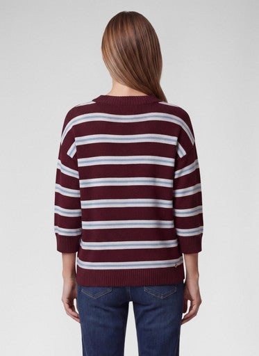 Rabe Merlot White & Light Blue Stripe Cotton Blend 3/4 Sleeve Sweater