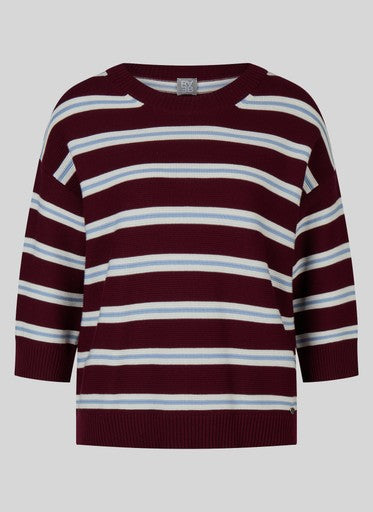 Rabe Merlot White & Light Blue Stripe Cotton Blend 3/4 Sleeve Sweater
