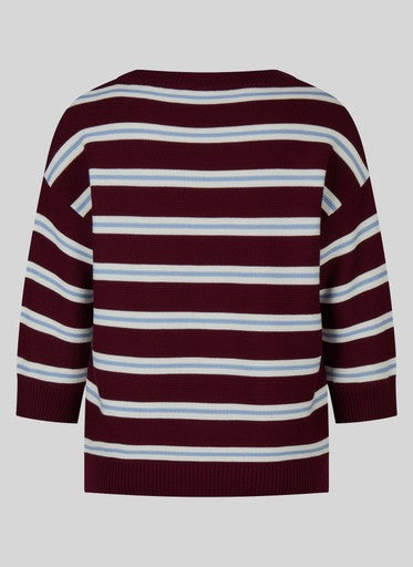 Rabe Merlot White & Light Blue Stripe Cotton Blend 3/4 Sleeve Sweater