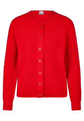 Rabe Chilli Red Ribbed Knit Cardigan – Round Neck Long Sleeve Button Front