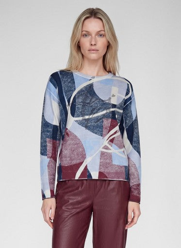 Rabe Blue Multi Patterned Cotton Sweater Round Neck Long Sleeve