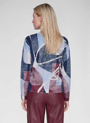 Rabe Blue Multi Patterned Cotton Sweater Round Neck Long Sleeve