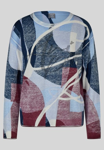 Rabe Blue Multi Patterned Cotton Sweater Round Neck Long Sleeve