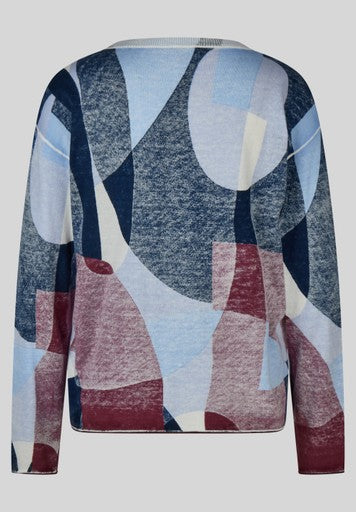 Rabe Blue Multi Patterned Cotton Sweater Round Neck Long Sleeve