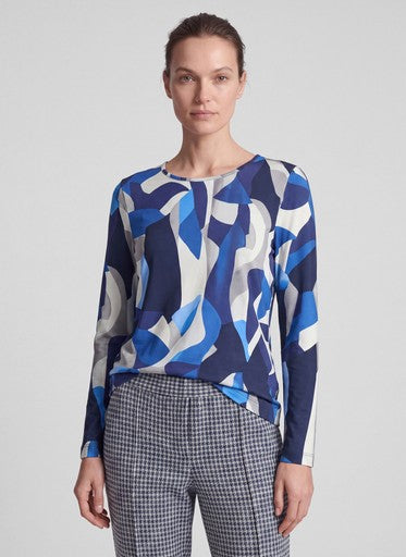 Rabe Blue Patterned Long Sleeve Top with Round Neck
